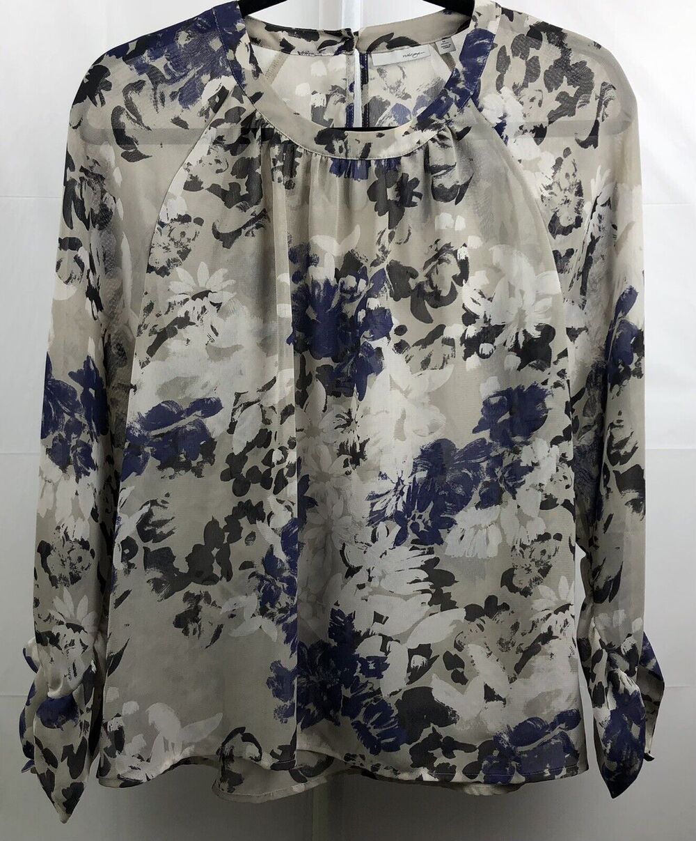 Halogen Blouse Women Petite M Multi Floral Semi Sheer 3/4 Raglan Puff Sleeves